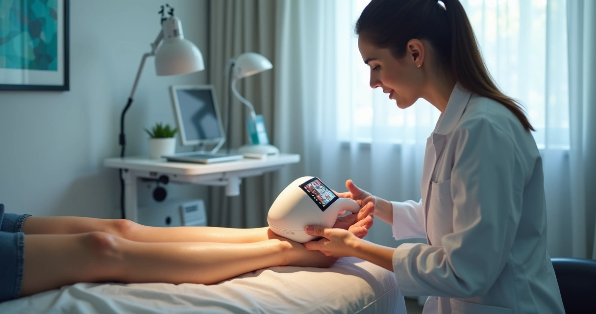 Médico aplica tratamento moderno de varizes na perna de paciente em ambiente de clínica 