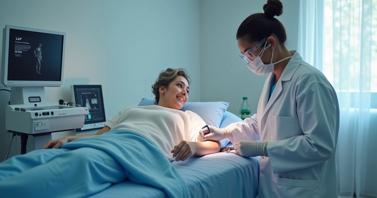 Paciente deitado em maca durante tratamento de varizes por laser em clínica vascular 