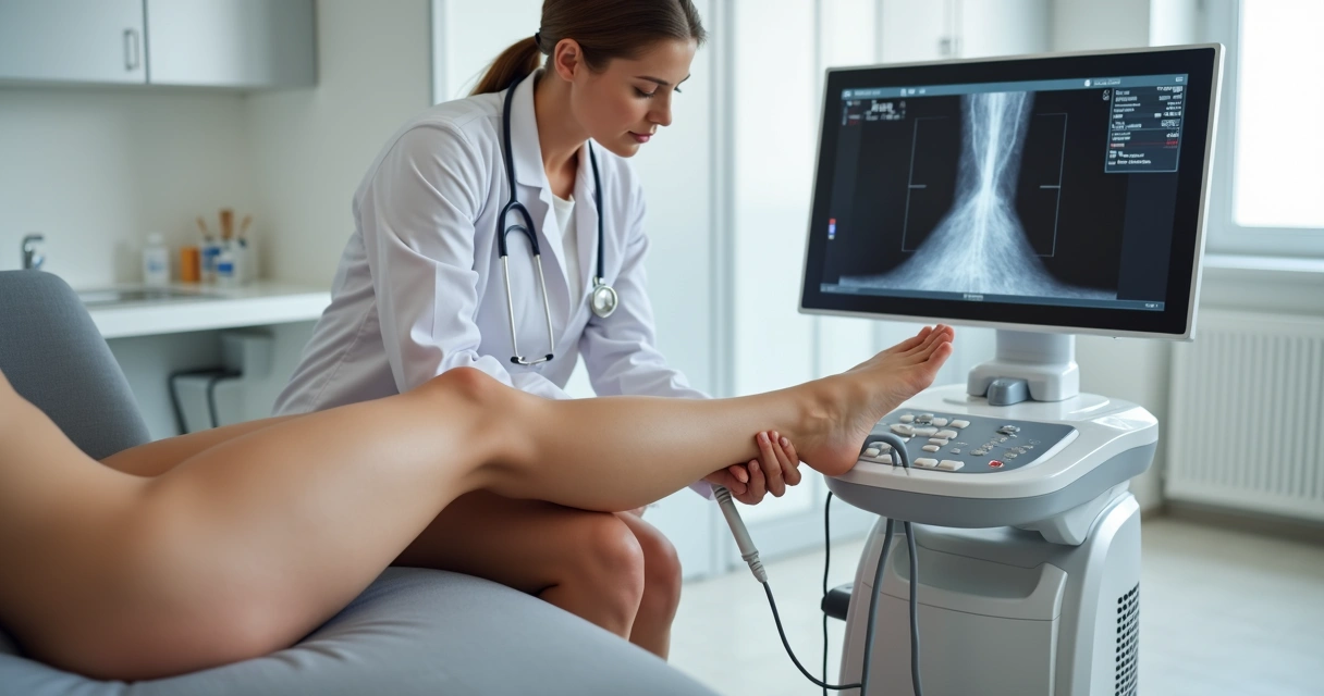 Médico vascular examinando pernas com varizes em consulta para tratamento minimamente invasivo 