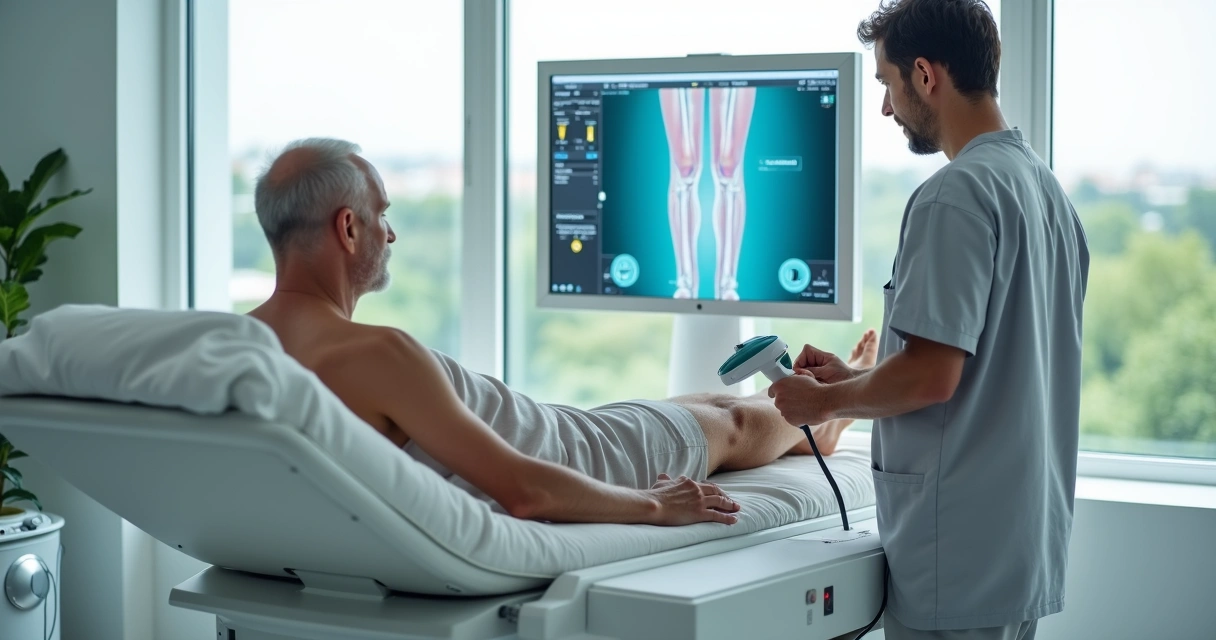 Profissional realiza exame vascular moderno em perna de paciente com Belém ao fundo pela janela 