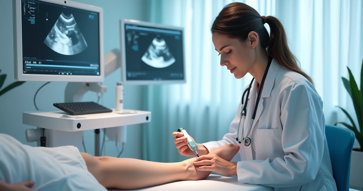Profissional da saúde usando aparelho de ultrassom para tratar varizes na perna de uma paciente