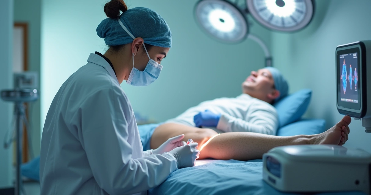 Médica realizando procedimento a laser em perna de paciente, em consultório moderno