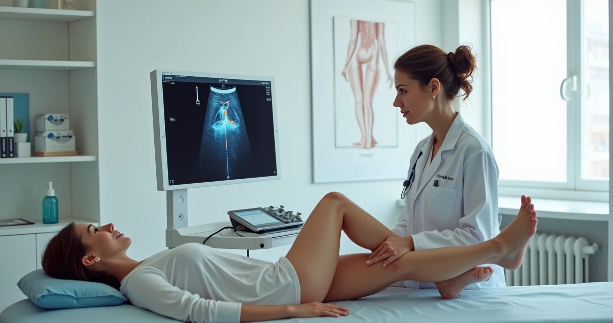 Médica vascular avaliando perna com varizes em clínica moderna em Campinas 