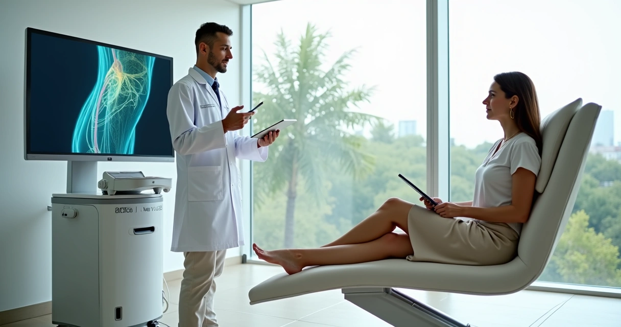 Paciente em clínica moderna de Campinas recebendo explicação sobre tratamento de varizes minimamente invasivo 