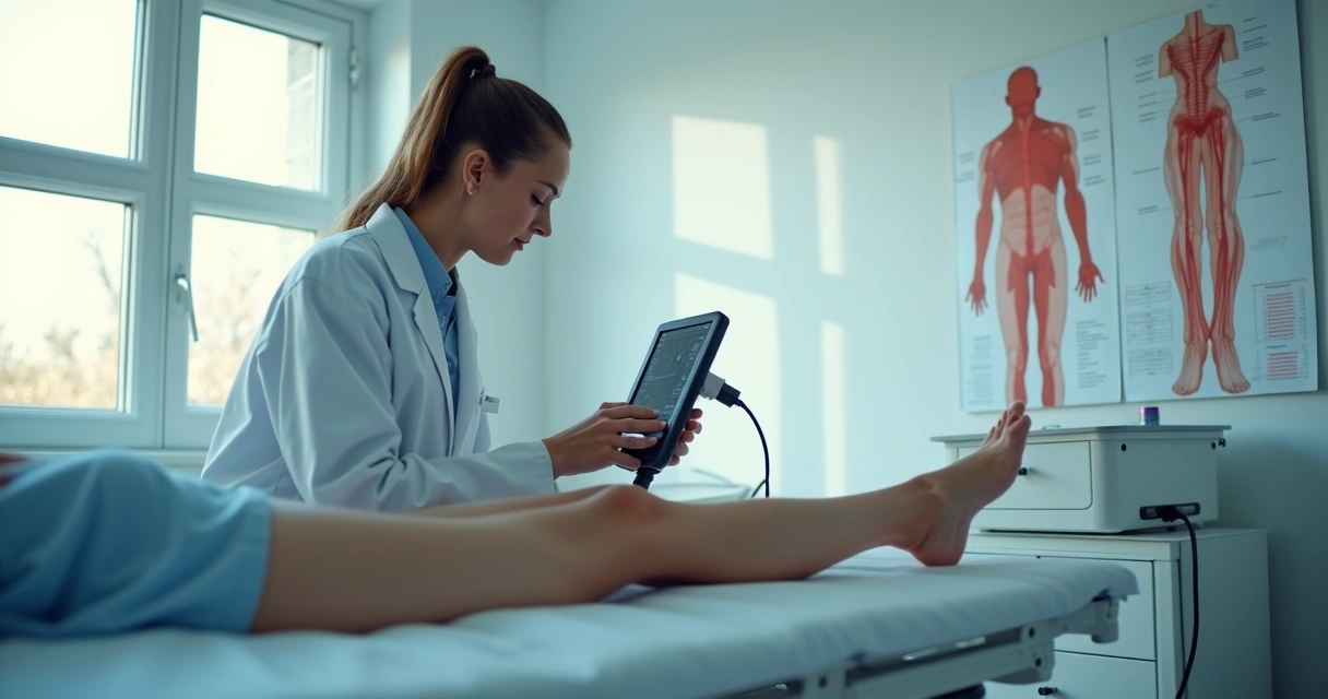 Profissional de saúde examinando perna de paciente em clínica vascular com aparelho de ultrassom