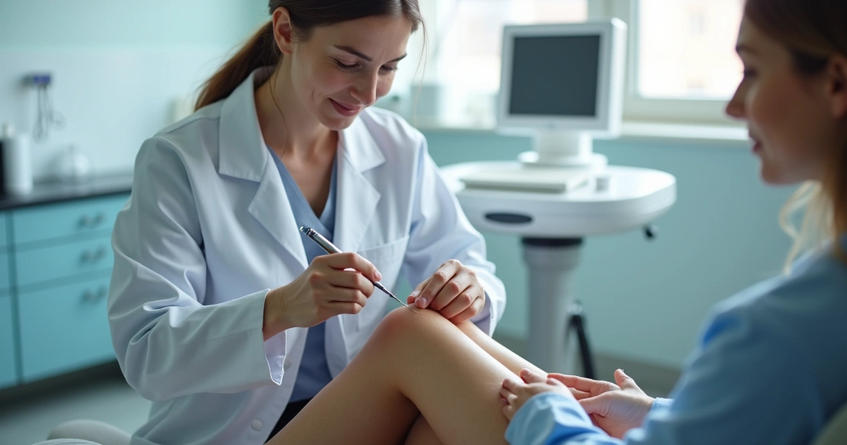 Profissional aplicando escleroterapia na perna de uma paciente 