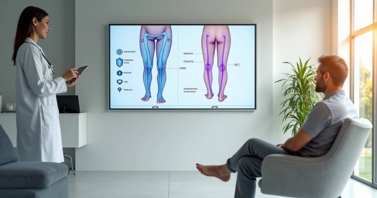 Sala de clínica moderna com painel digital exibindo veias tratadas nas pernas 