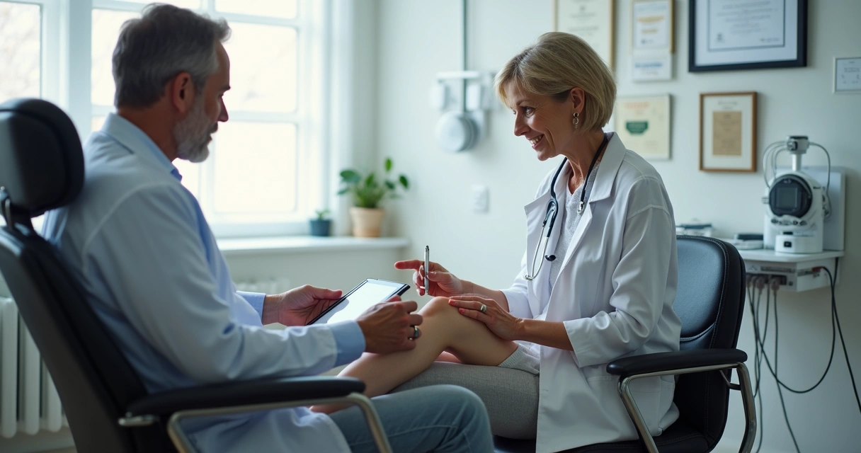 Consulta médica para tratamento de varizes, com paciente mostrando as pernas para o angiologista 