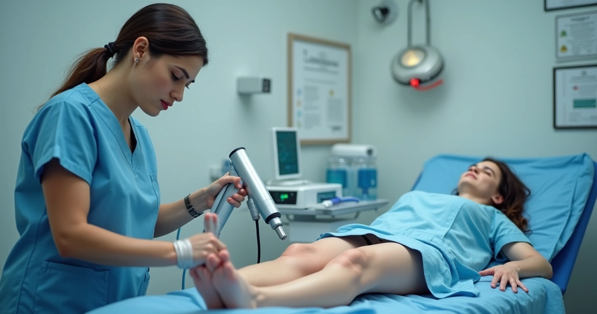Médica realizando aplicação moderna de laser em perna de paciente deitado em consultório 