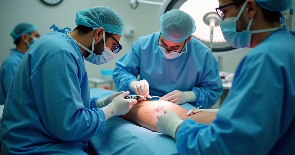 Médico segurando aparelho de endolaser durante cirurgia vascular minimamente invasiva 