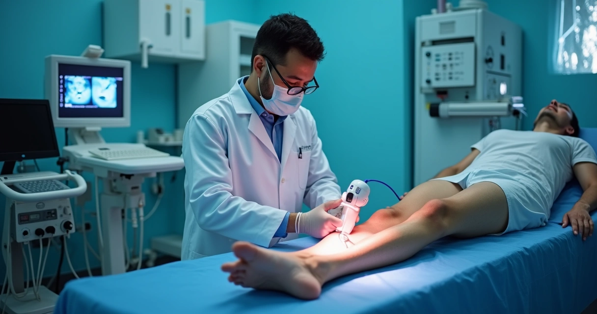 Médico vascular faz procedimento de endolaser guiado por ultrassom em paciente ambulatório