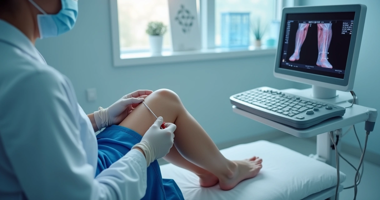 Vascular doctor performing endolaser varicose vein treatment using ultrasound guidance in modern clinic 