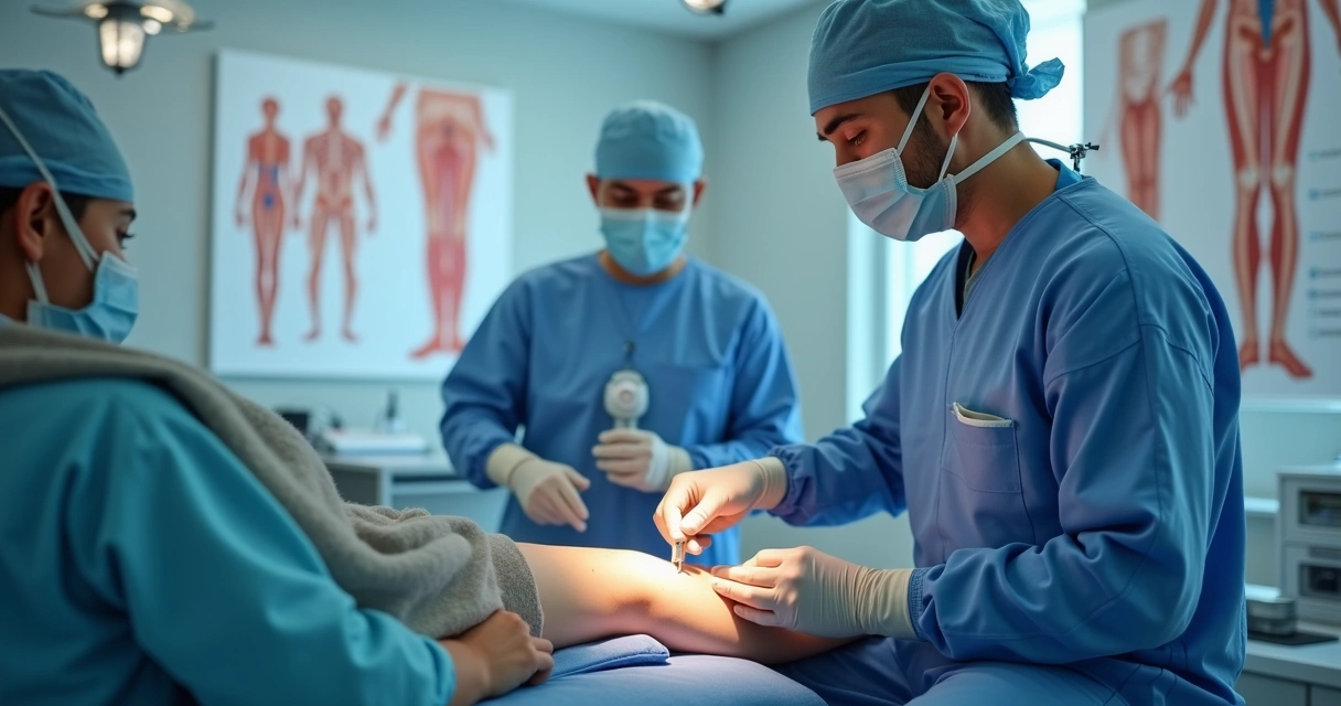 Médico realizando endolaser em perna de paciente em consultório moderno