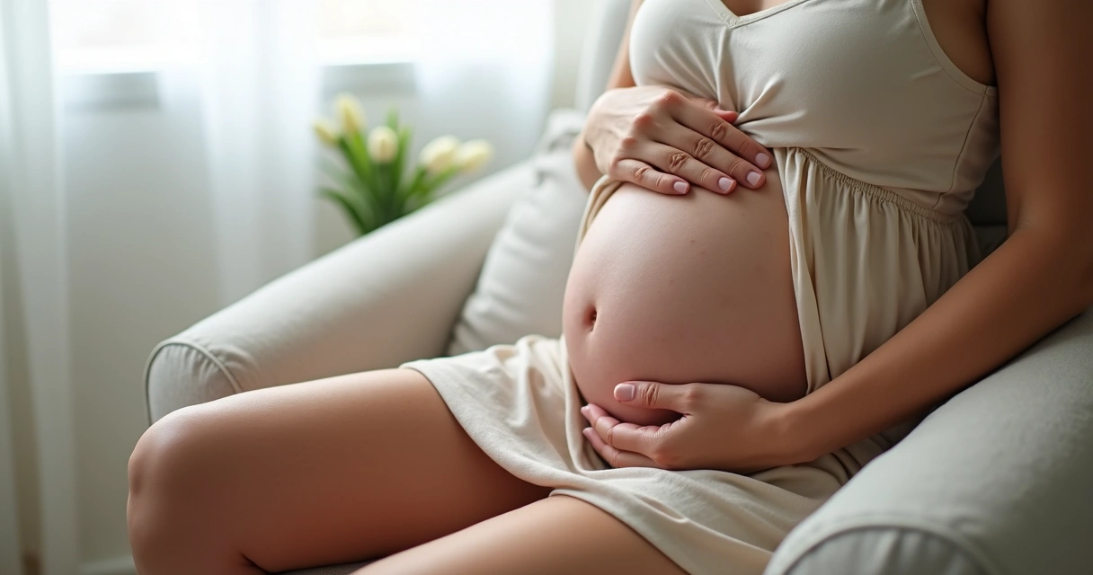 Mulher grávida sentada, mostrando as pernas com veias visíveis e mão acariciando a barriga 