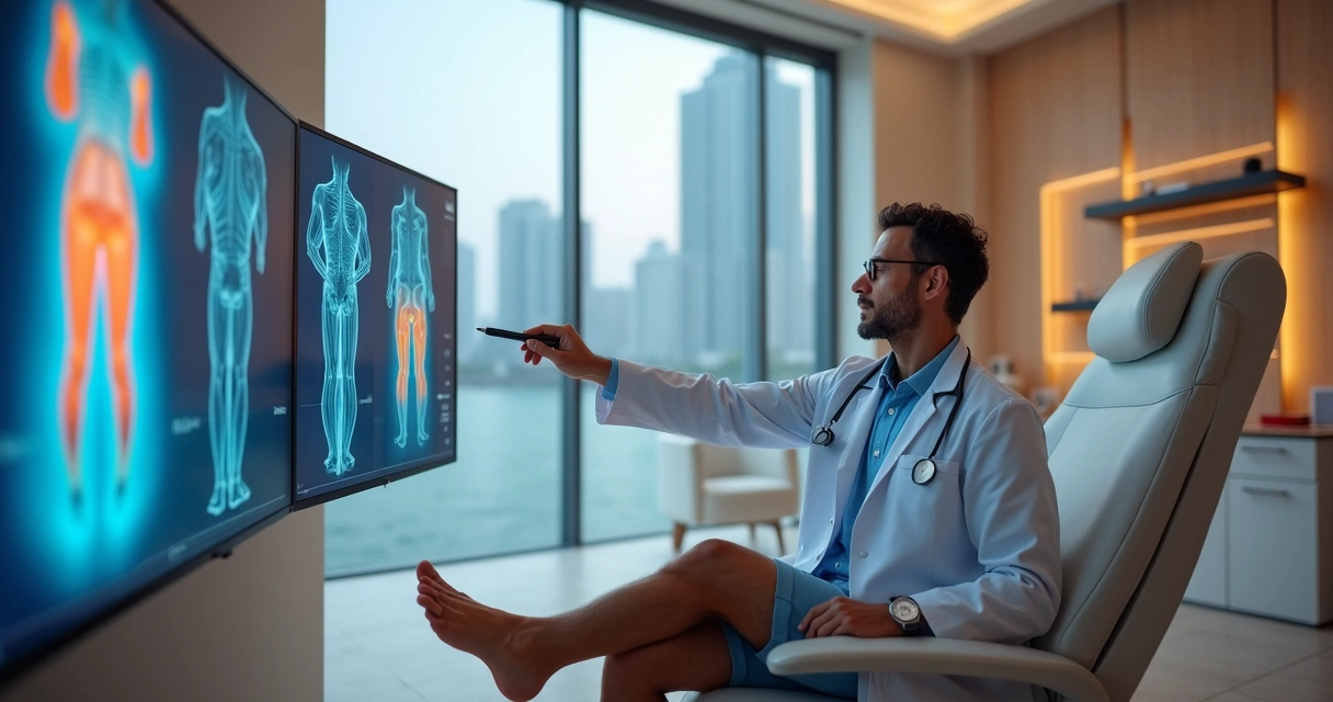 Médico vascular mostrando em tela digital o planejamento para tratar varizes grossas nas pernas de paciente 
