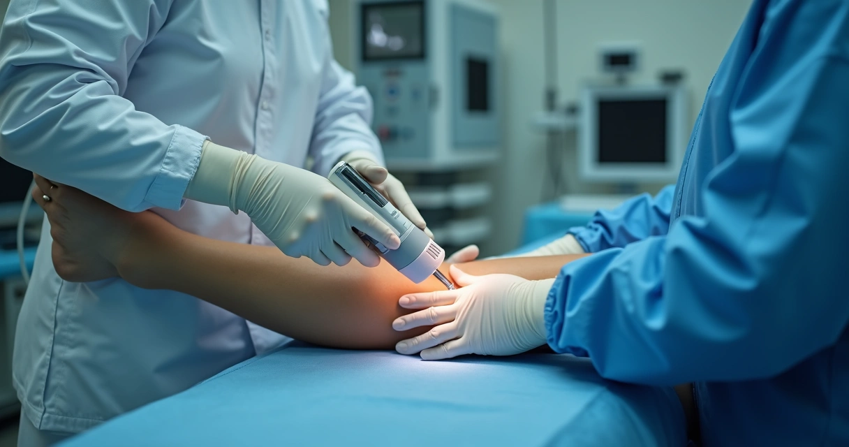 Médico utilizando equipamento de laser para tratar varizes na perna de paciente em sala ambulatorial 