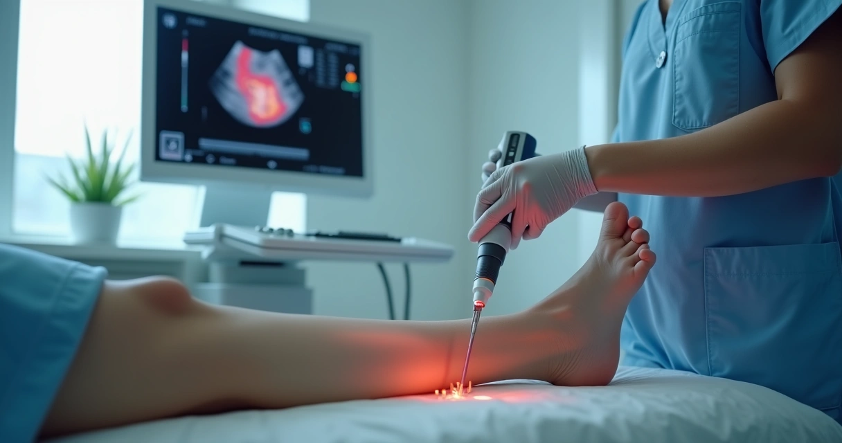 Aplicação de laser em veia na perna de paciente, médicos usando tecnologia avançada e ambiente moderno. 