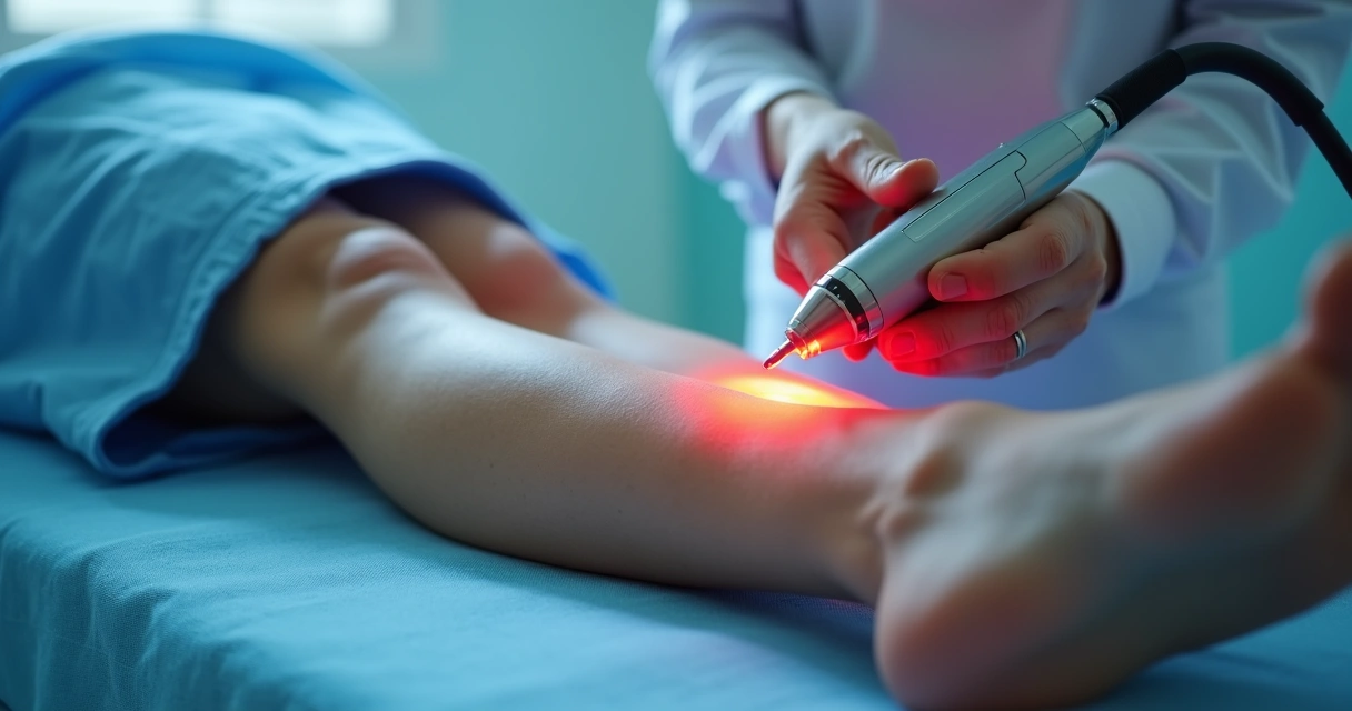 Profissional aplica laser em perna de paciente com varizes 