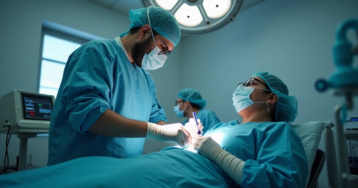 Médico aplicando laser endovenoso guiado por ultrassom em paciente deitado na clínica 