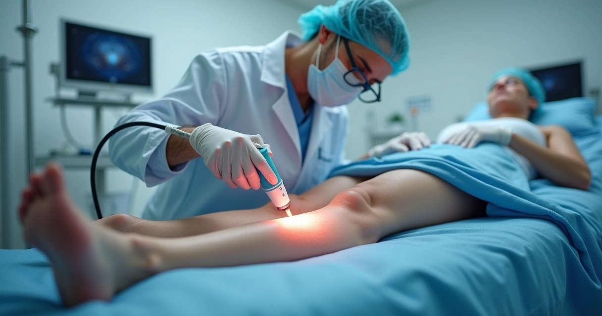 Paciente deitado com médico aplicando laser em perna 
