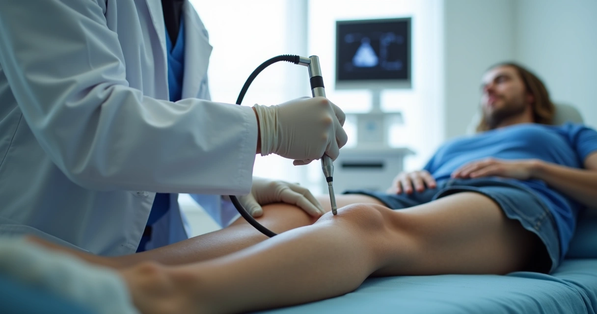 Paciente recebendo tratamento vascular a laser na perna, ambiente de clínica, com médico usando ultrassom.