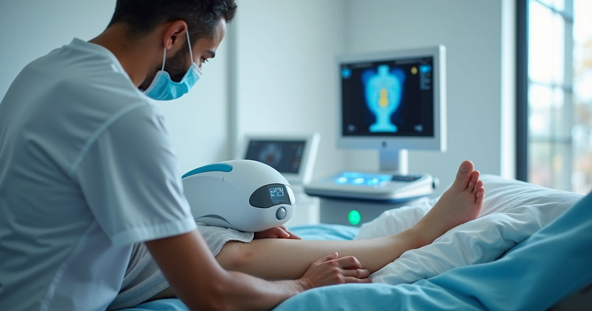 Médico realizando tratamento de varizes com laser guiado por ultrassom 