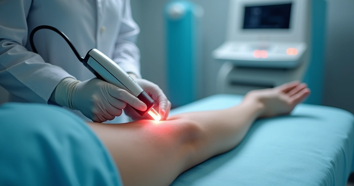 Aplicação de laser endovenoso guiado por ultrassom em perna humana