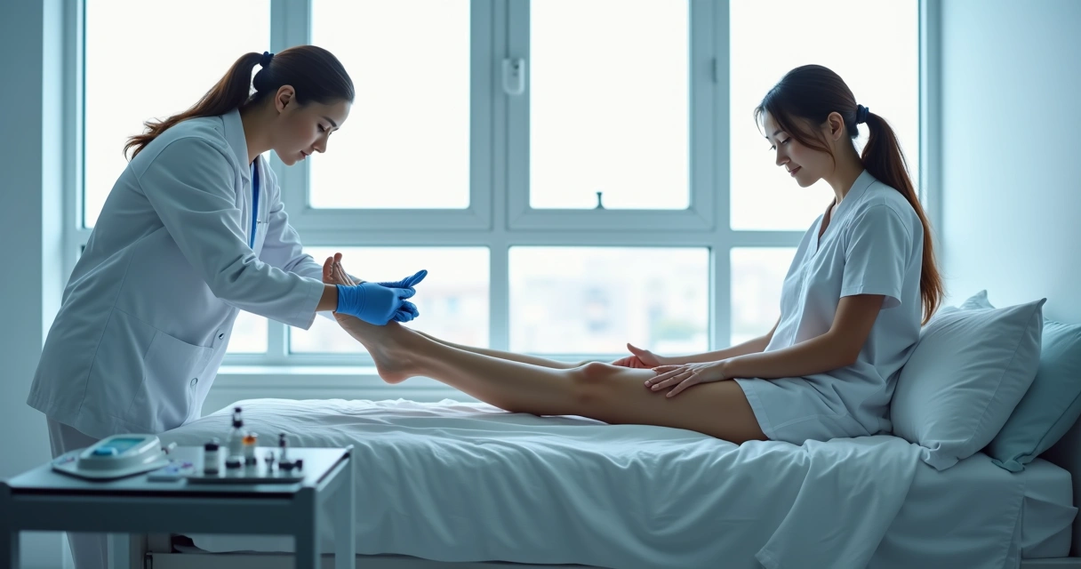 Paciente deitado em ambiente clínico, preparação para tratamento de varizes com equipe médica 