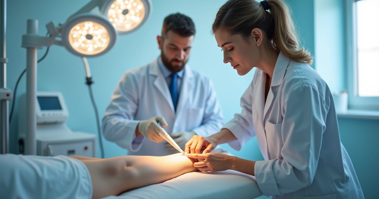 Aplicação de laser em perna com varizes durante técnica moderna sem cortes 