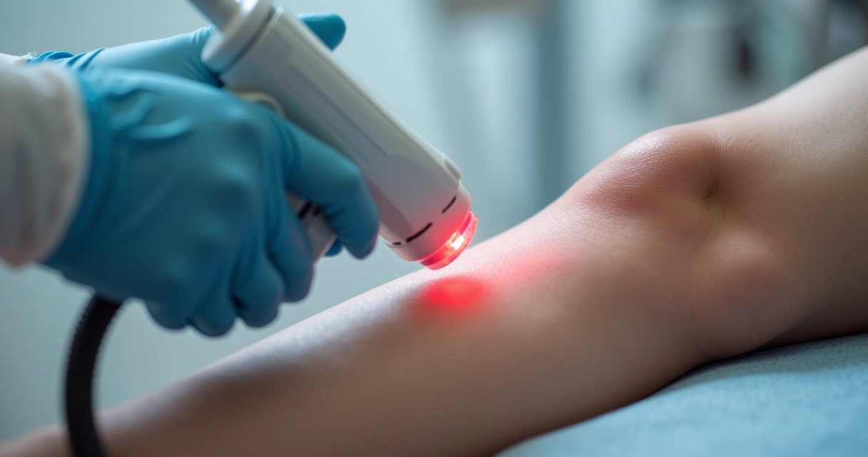 Aplicação de laser em perna com precisão cirúrgica 