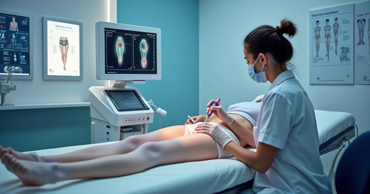 Profissional médico realizando tratamento a laser em varizes nas pernas de paciente em clínica moderna 