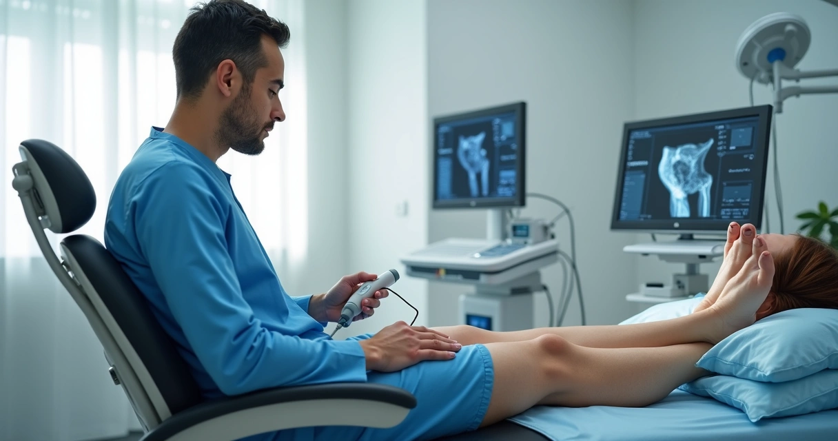 Médico aplicando laser endovenoso em perna de paciente durante tratamento moderno para varizes sem cirurgia em clínica em Belém 