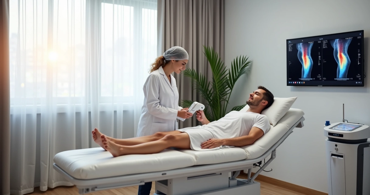 Equipes em clínica vascular moderna mostrando tratamento a laser para varizes em perna projetada em tela 