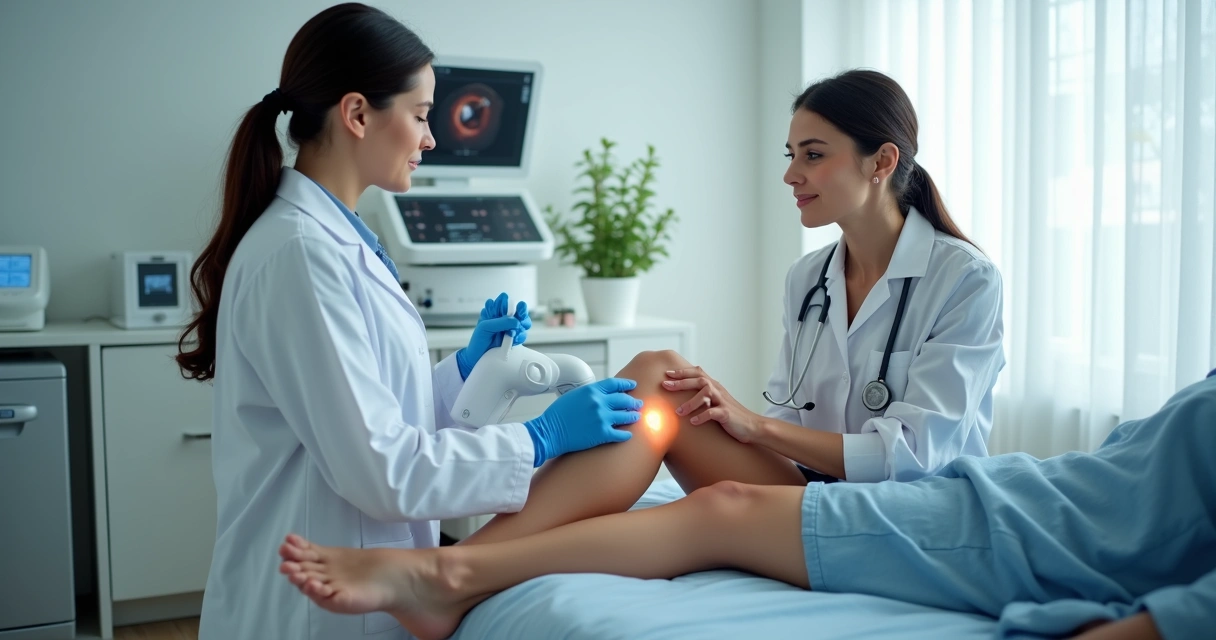 Médica realiza tratamento a laser em perna de paciente com varizes, consultório claro, equipamentos modernos 