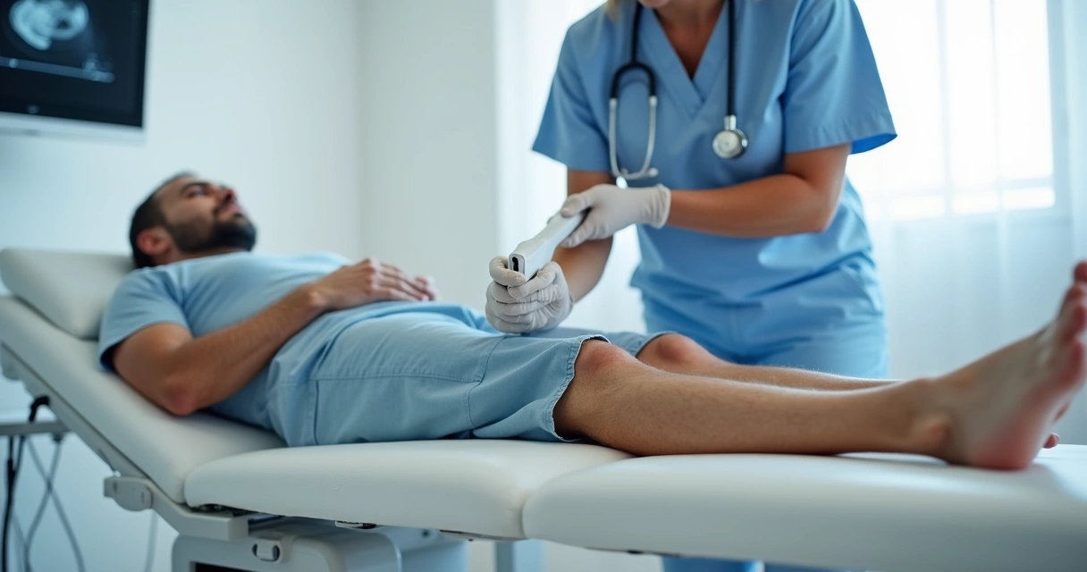 Médico aplicando laser em perna de paciente em clínica vascular