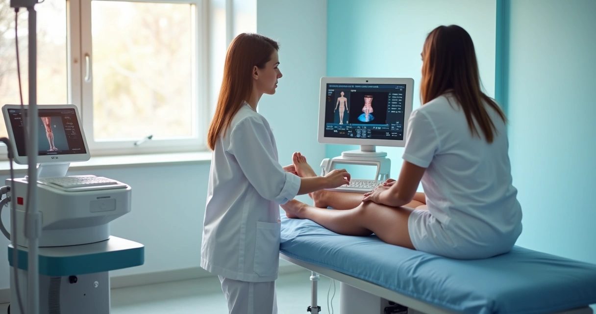 Pacientes em clínica durante avaliação para tratamento de varizes sem cortes 
