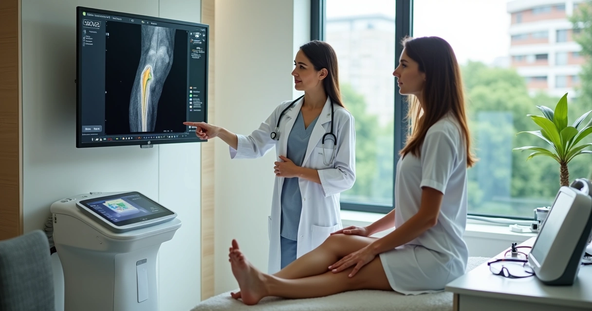 Sala de procedimento vascular com paciente em pé diante de equipamento de laser para varizes 