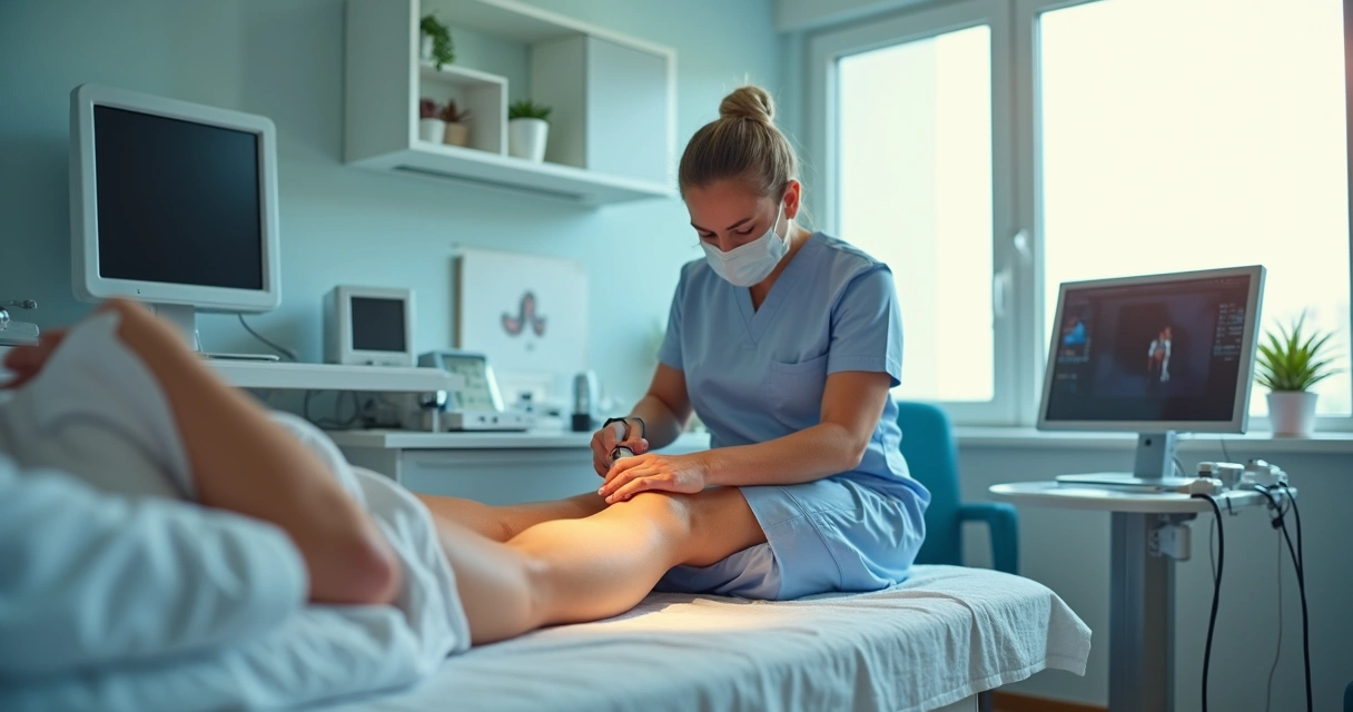 Procedimento de laser vascular sendo realizado em consultório moderno 