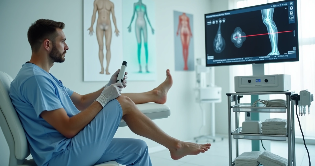 Profissional examinando perna com varizes em clínica moderna com tela mostrando laser 
