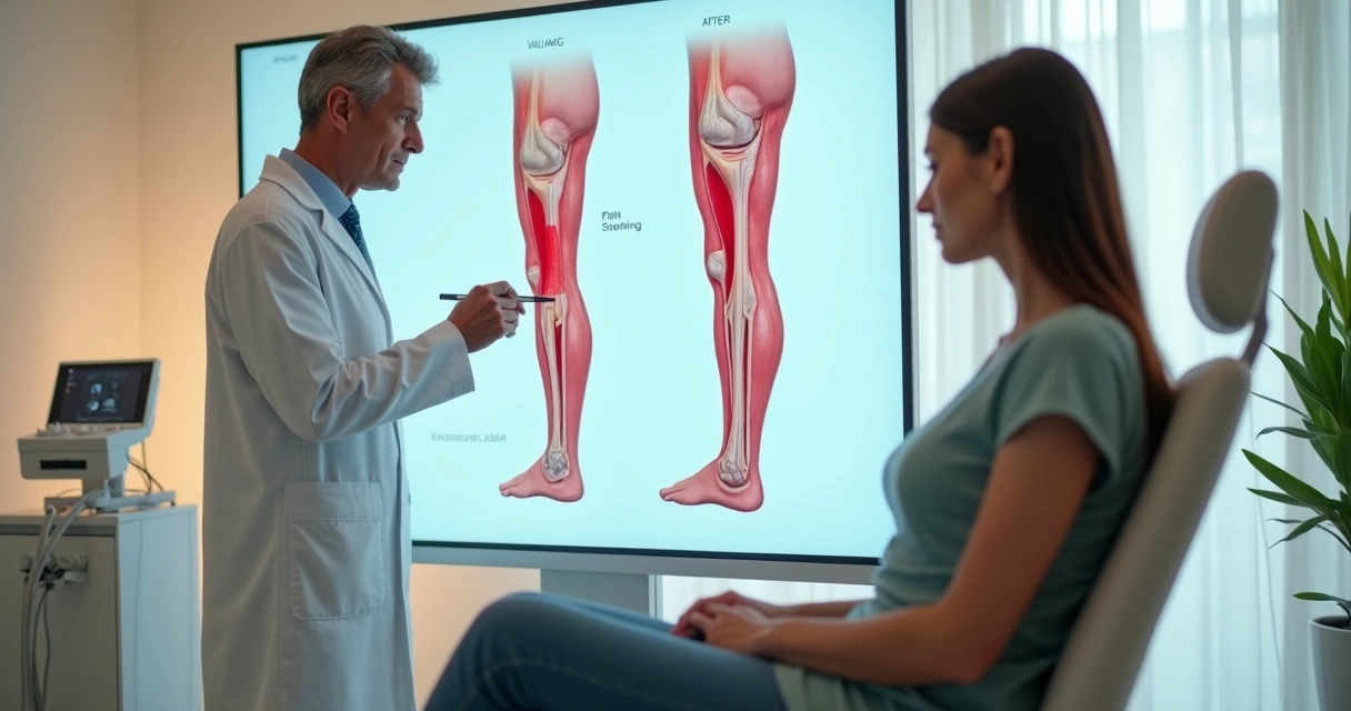 Paciente em clínica moderna recebendo explicação sobre tratamento de varizes a laser 