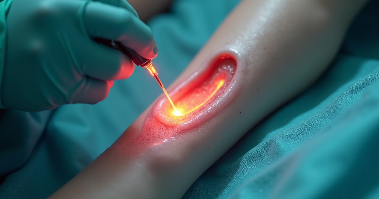 Detalhe de fibra de laser intravascular durante tratamento de varizes 