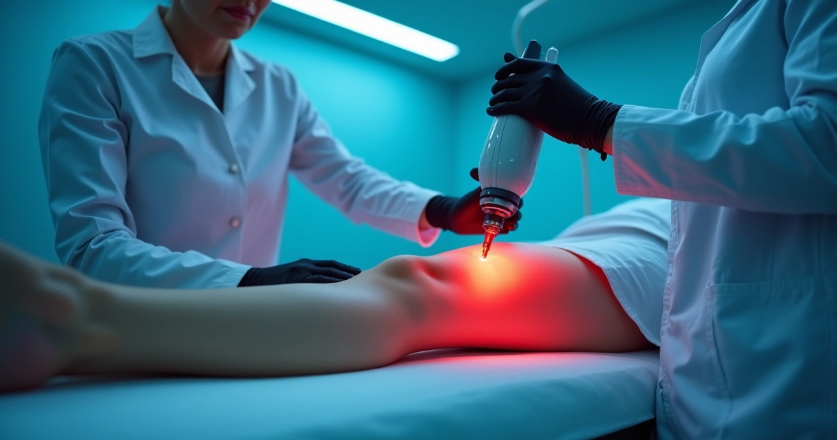 Aplicação de laser vermelho em perna durante tratamento de varizes seguro 