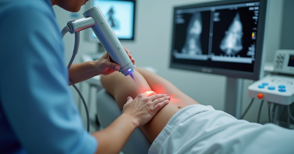 Médico usando ultrassom para guiar tratamento de varizes com laser 