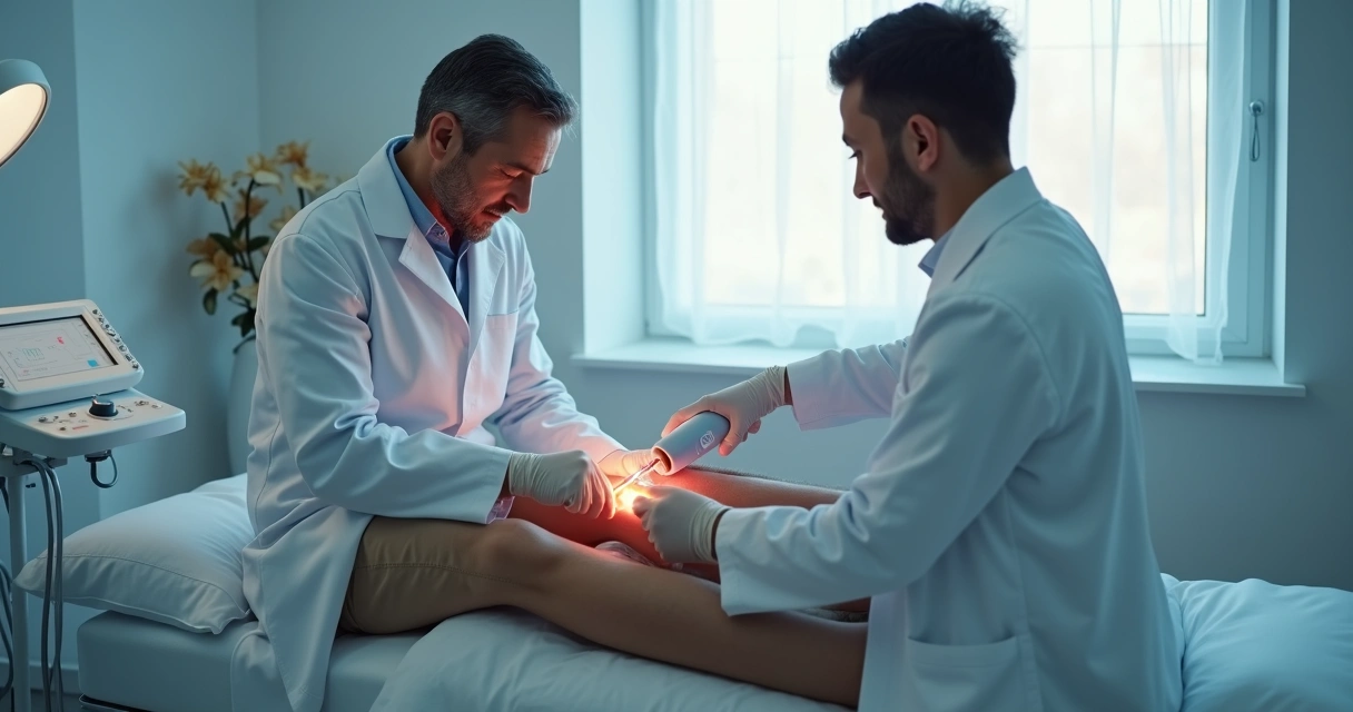 Equipe médica realizando tratamento de varizes a laser em um homem