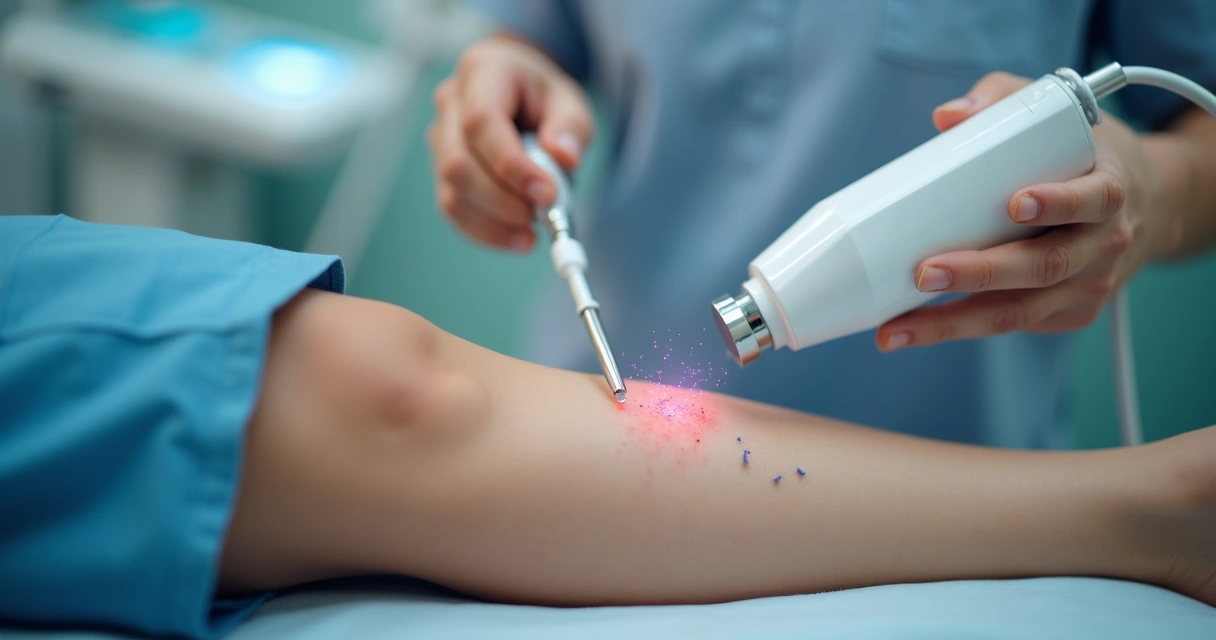 Aplicação de escleroterapia a laser em perna com vasinhos