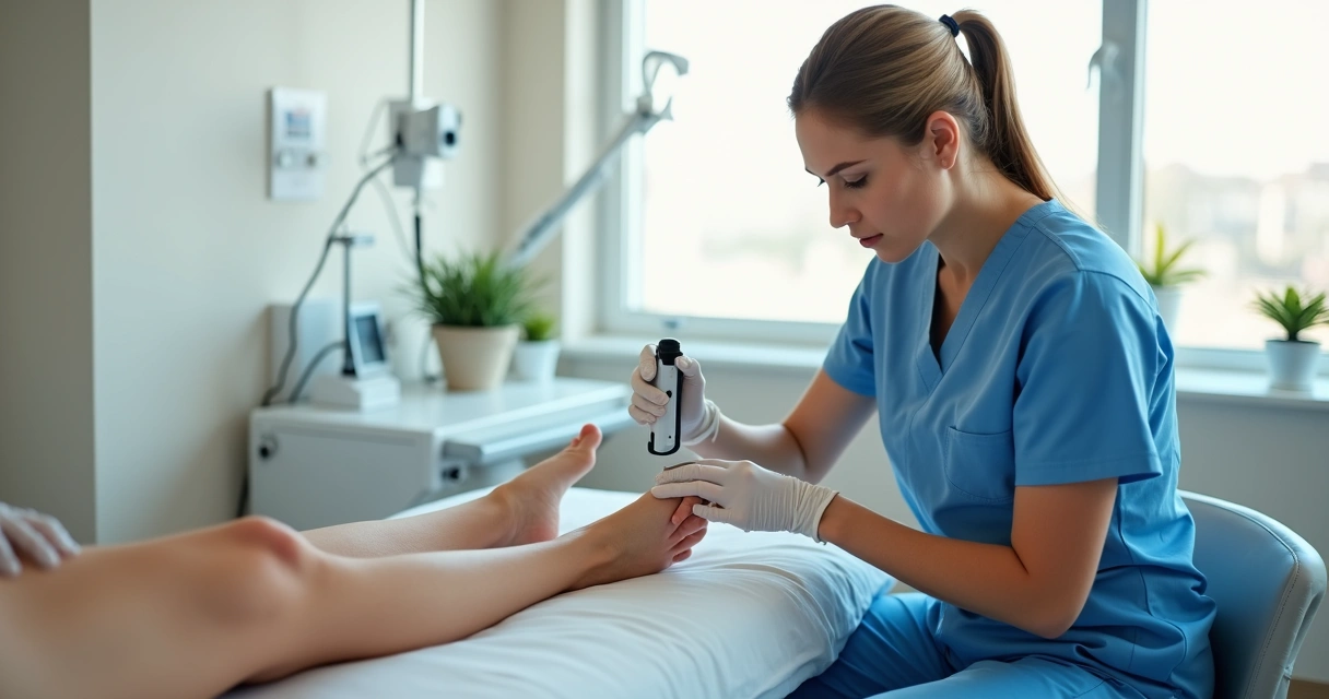 Médica aplica laser moderno em perna feminina durante procedimento vascular em consultório clínico claro 