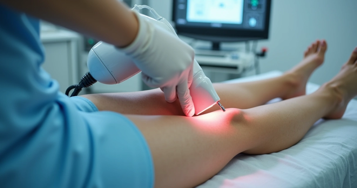 Médica realizando tratamento vascular moderno nas pernas 