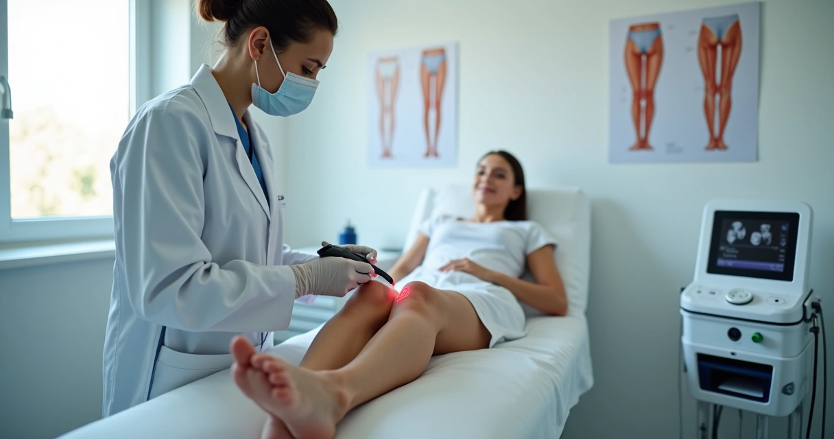 Médico vascular realizando tratamento de varizes a laser em perna feminina em consultório moderno 