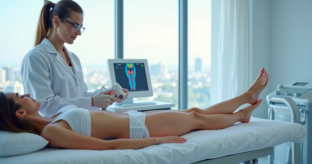 Médico vascular aplicando laser nas pernas de paciente adulta em clínica moderna 