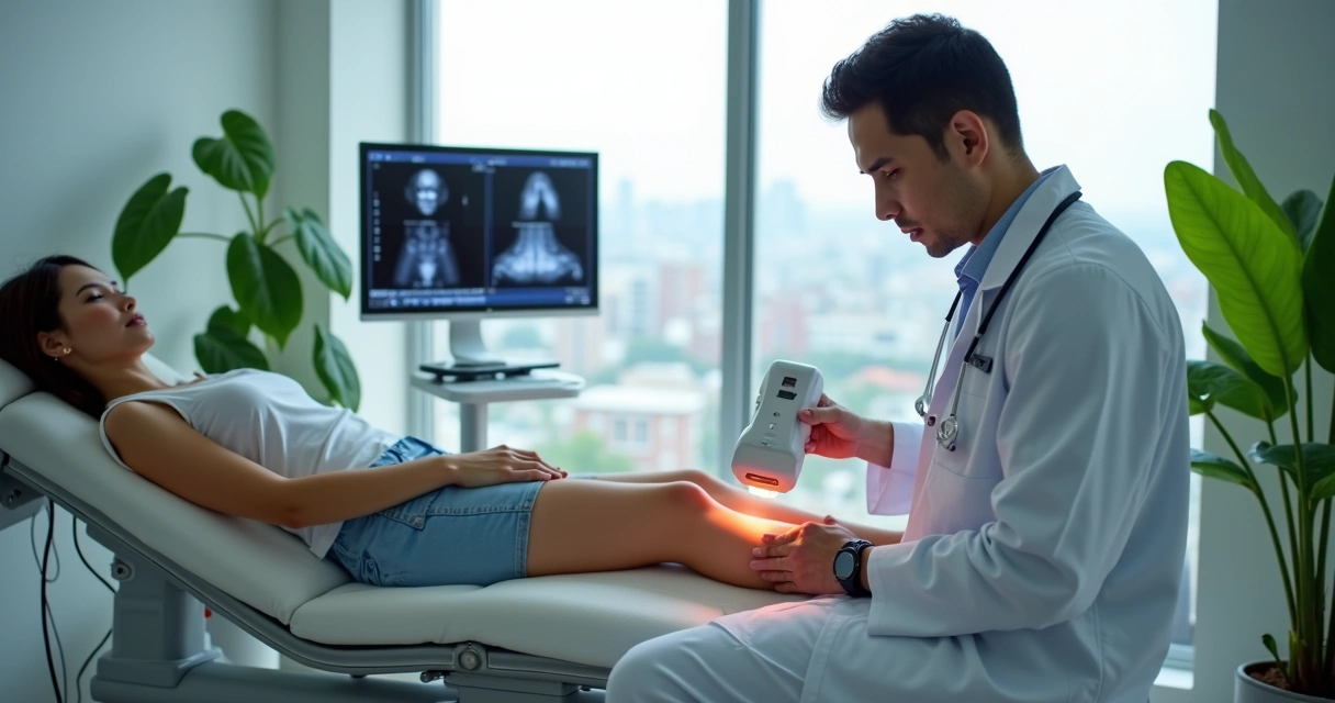 Médica aplicando tratamento de varizes com laser em paciente no consultório moderno em Recife 
